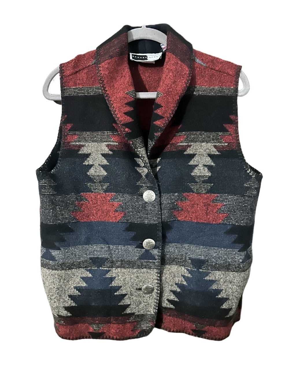 Rhonda Stark Desperado Southwestern Patterned Button Vest Black Red & Tan Sz M
